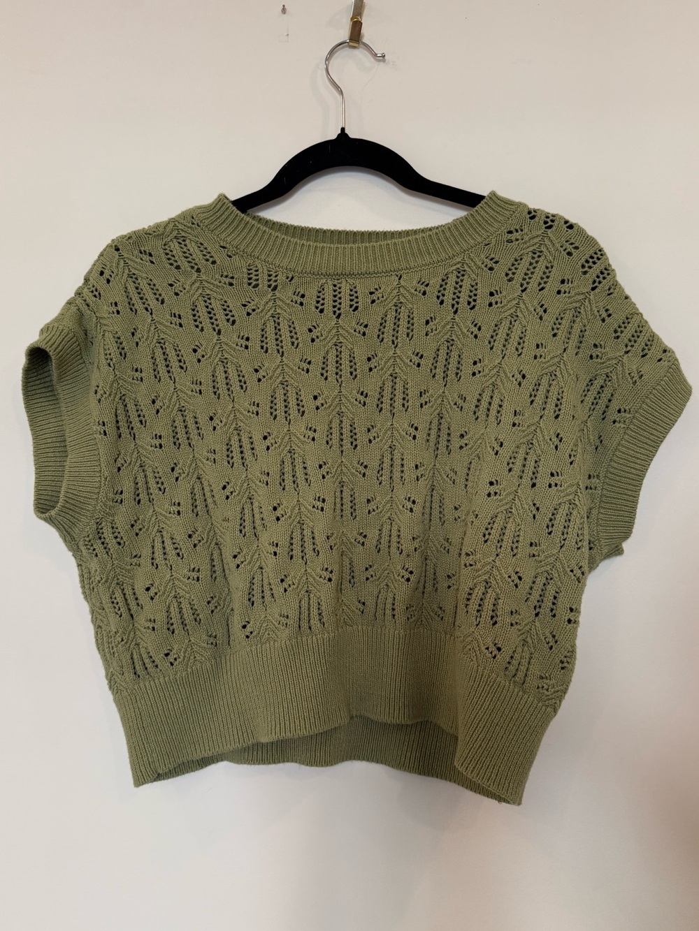 Olive Openwork Knit Short Sleeve Sweater